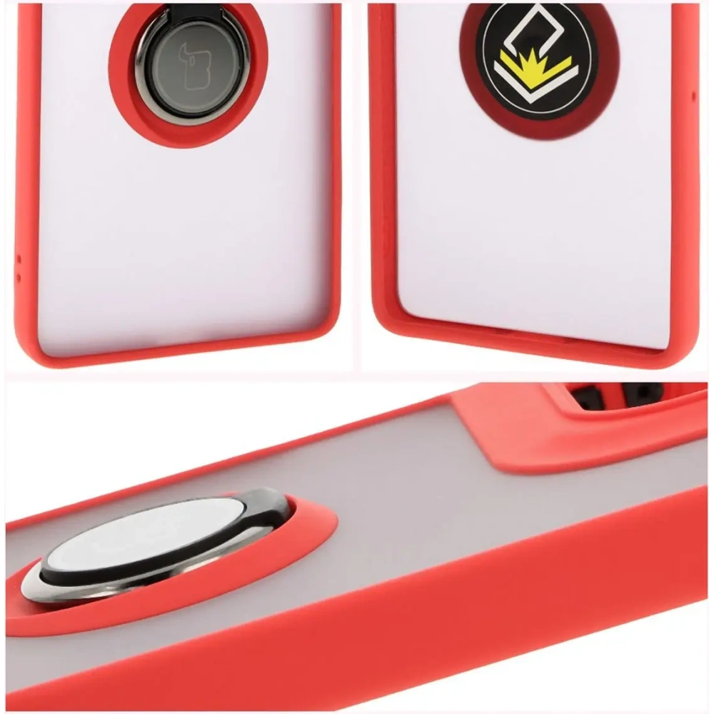 Etui z uchwytem na palec Bizon Case Hybrid Ring do Motorola Moto G75 5G przydymione z czerwoną ramką