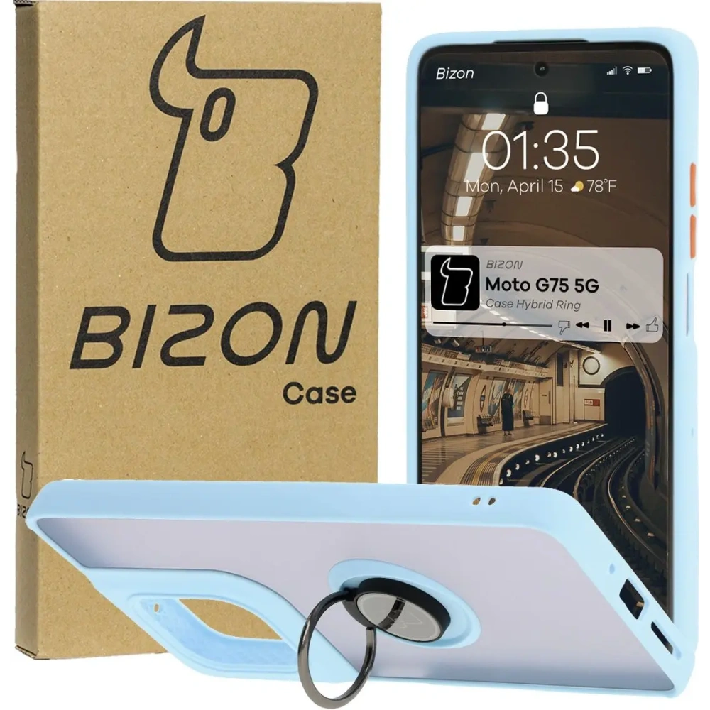 Etui z uchwytem na palec Bizon Case Hybrid Ring do Motorola Moto G75 5G przydymione z jasnoniebieską ramką