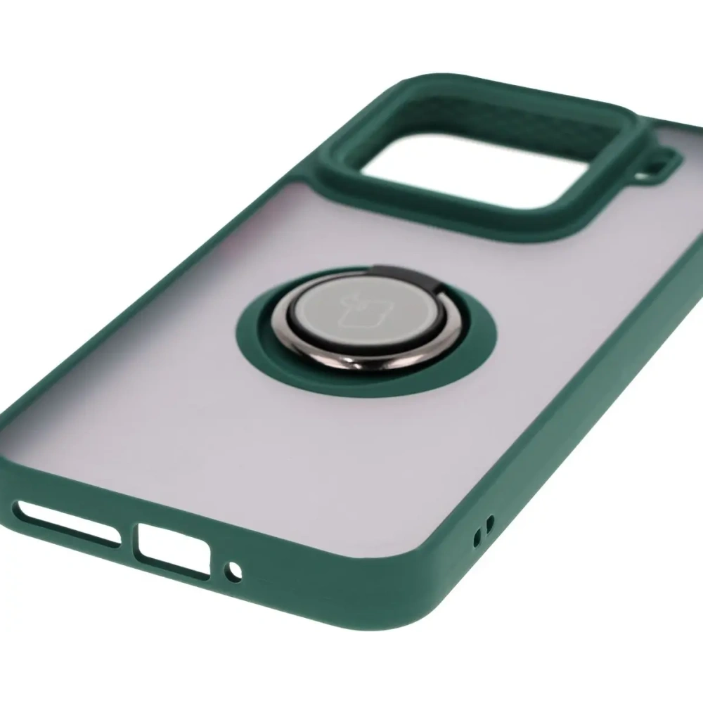 Etui z uchwytem na palec Bizon Case Hybrid Ring do Xiaomi 15 przydymione z ciemnozieloną ramką
