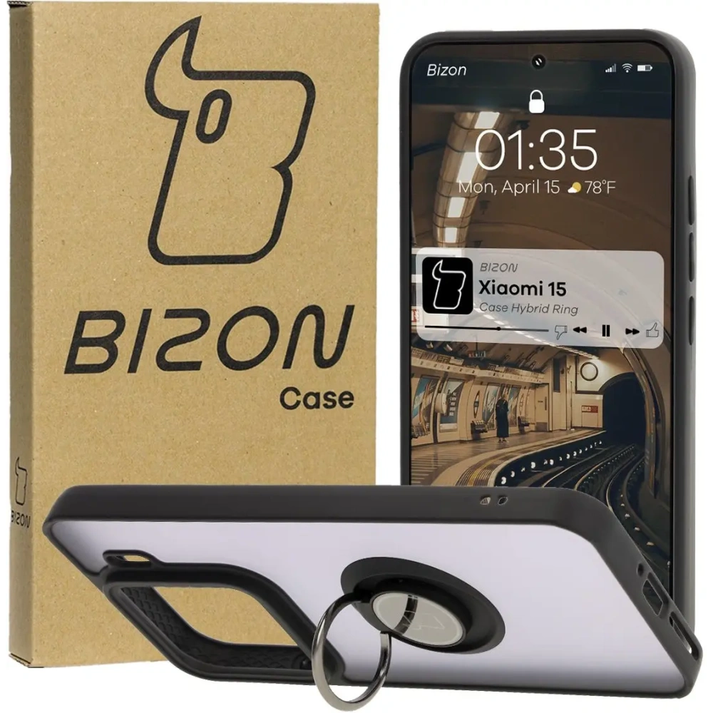 Etui z uchwytem na palec Bizon Case Hybrid Ring do Xiaomi 15 przydymione z czarną ramką