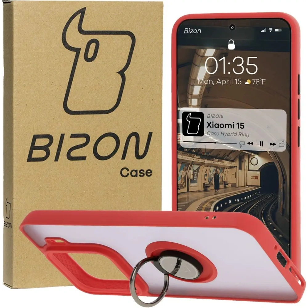 Etui z uchwytem na palec Bizon Case Hybrid Ring do Xiaomi 15 przydymione z czerwoną ramką