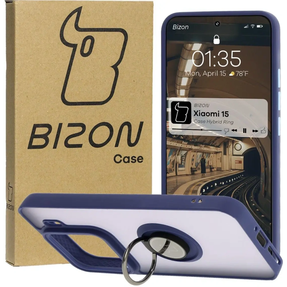 Etui z uchwytem na palec Bizon Case Hybrid Ring do Xiaomi 15 przydymione z granatową ramką