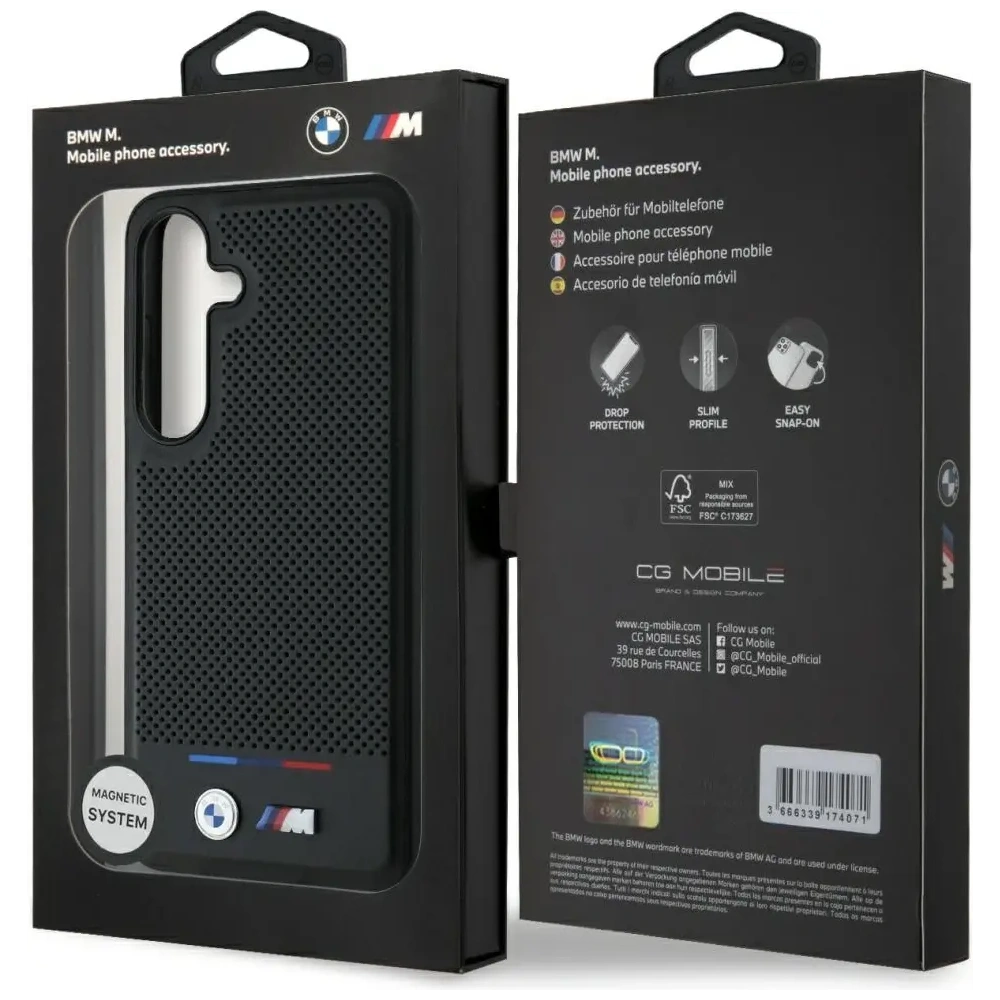 Etui BMW Leather Tricolor Stripe MagSafe do Samsung Galaxy S25+ Plus czarny