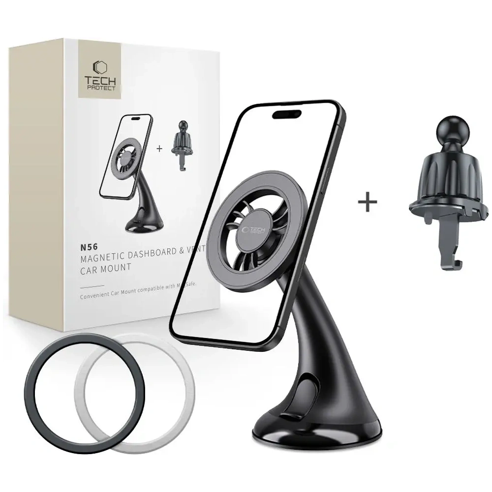 Magnetyczny uchwyt samochodowy na kokpit / szybę / do kratki Tech-Protect N56 Magnetic MagSafe Dashboard Unrg & Vent Car Mount Black