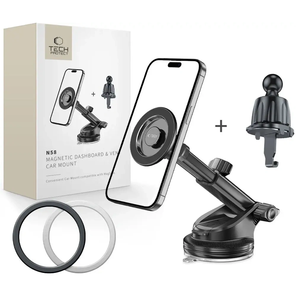 Magnetyczny uchwyt samochodowy na kokpit / szybę / do kratki Tech-Protect N58 Magnetic MagSafe Dashboard & Vent Car Mount Black
