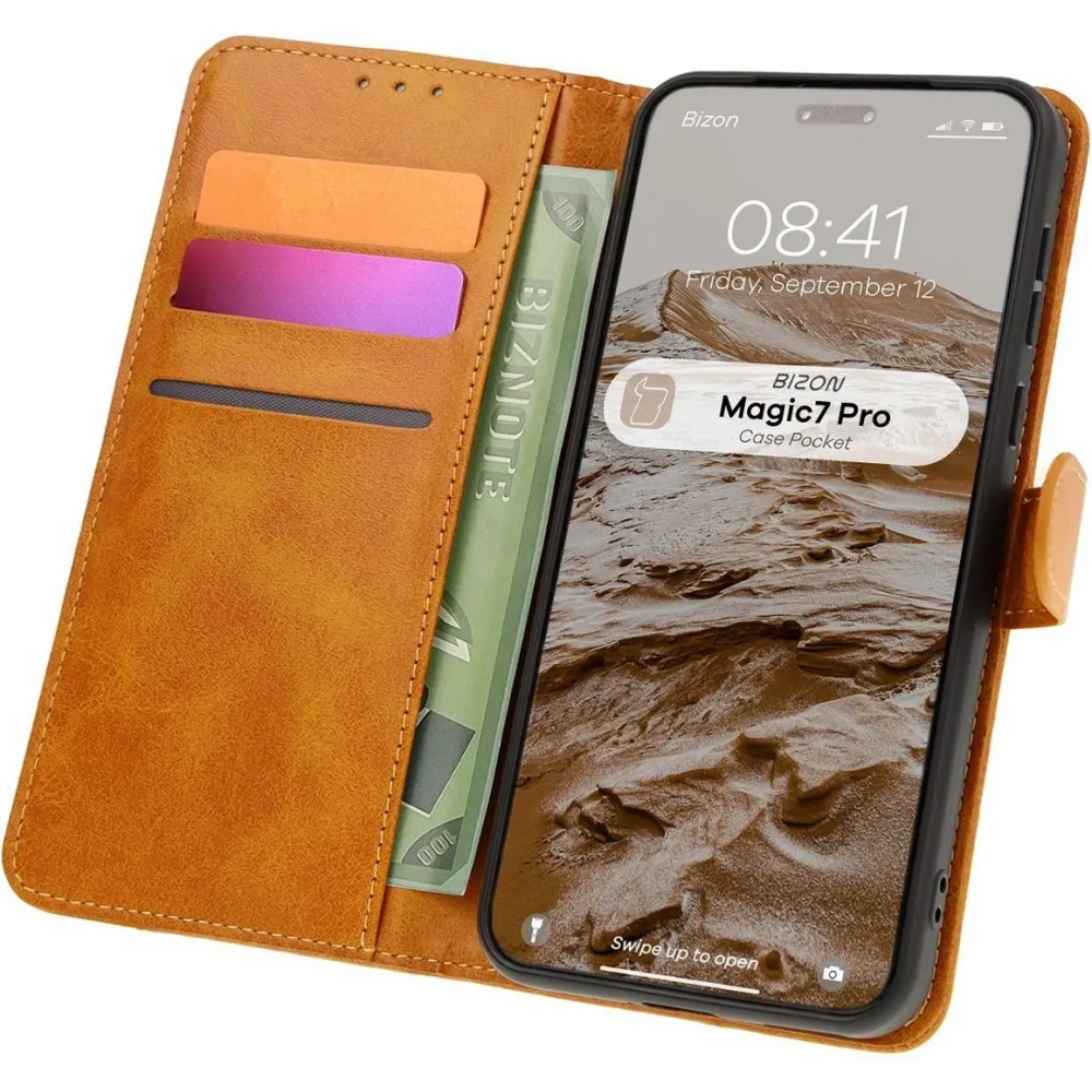 Etui z klapką Bizon Case Pocket do Honor Magic7 Pro brązowe