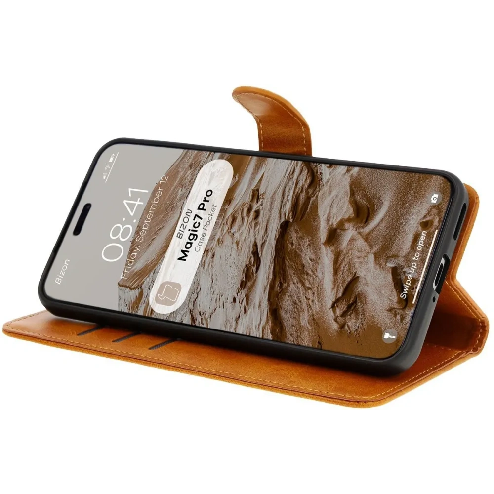 Etui z klapką Bizon Case Pocket do Honor Magic7 Pro brązowe