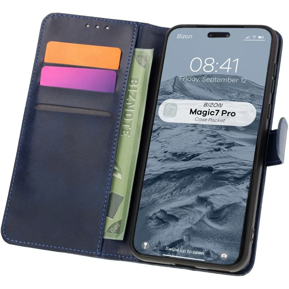 Etui z klapką Bizon Case Pocket do Honor Magic7 Pro granatowe