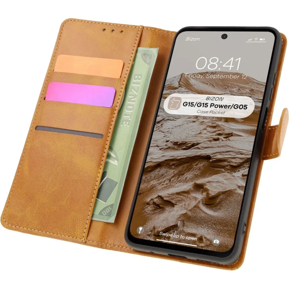 Etui z klapką Bizon Case Pocket do Motorola Moto G15 / G15 Power / G05 brązowe