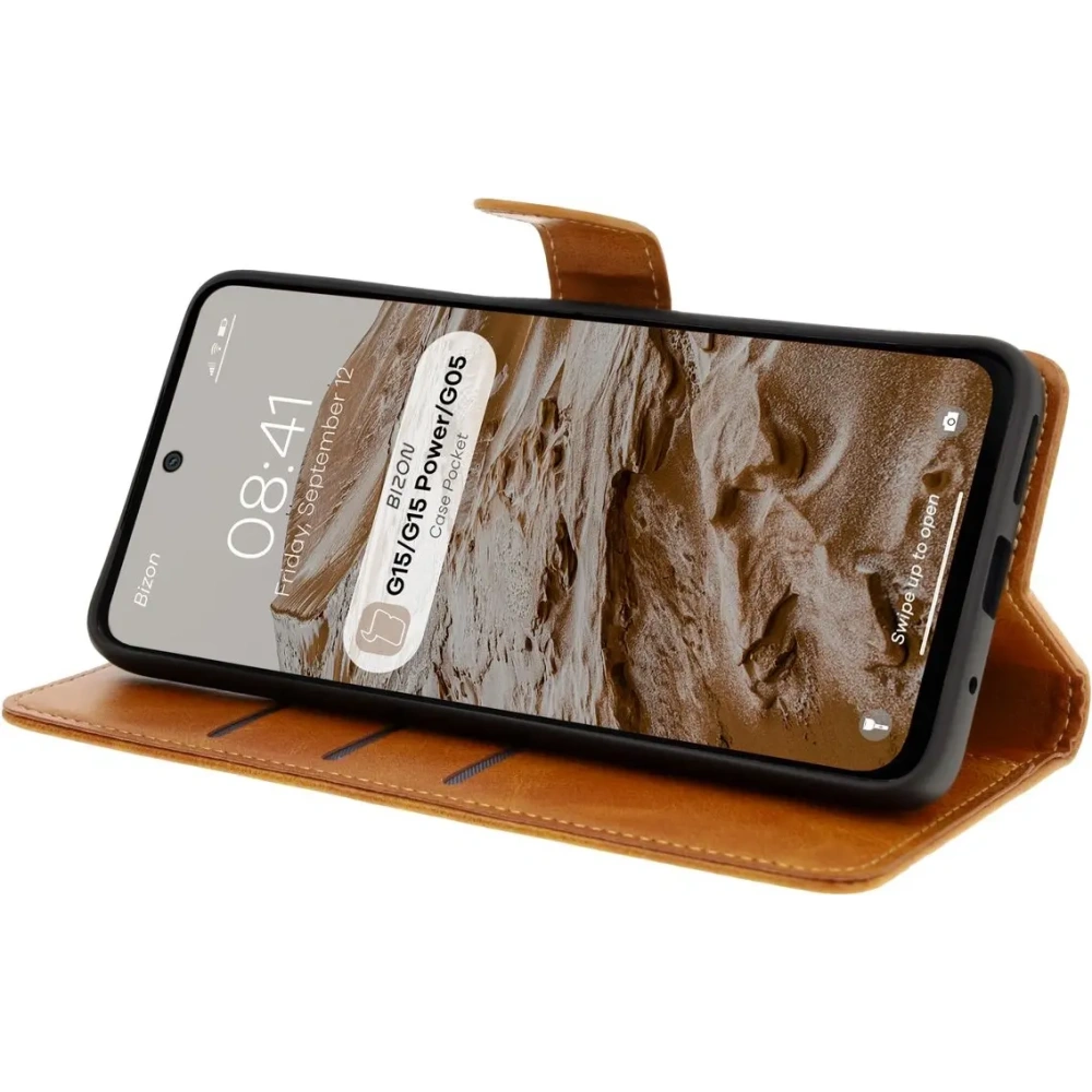 Etui z klapką Bizon Case Pocket do Motorola Moto G15 / G15 Power / G05 brązowe
