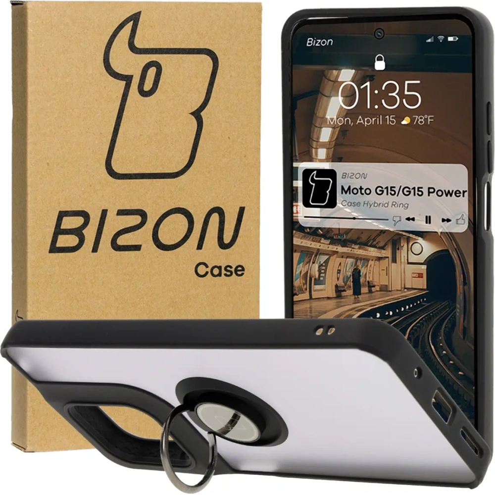 Etui z uchwytem na palec Bizon Case Hybrid Ring do Motorola Moto G15 / G15 Power przydymione z czarną ramką