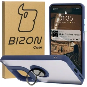 Kup Etui z uchwytem na palec Bizon Case Hybrid Ring do Motorola Moto G15 / G15 Power przydymione z granatową ramką - BIZ8356 - {ean13} - Sklep Home Screen