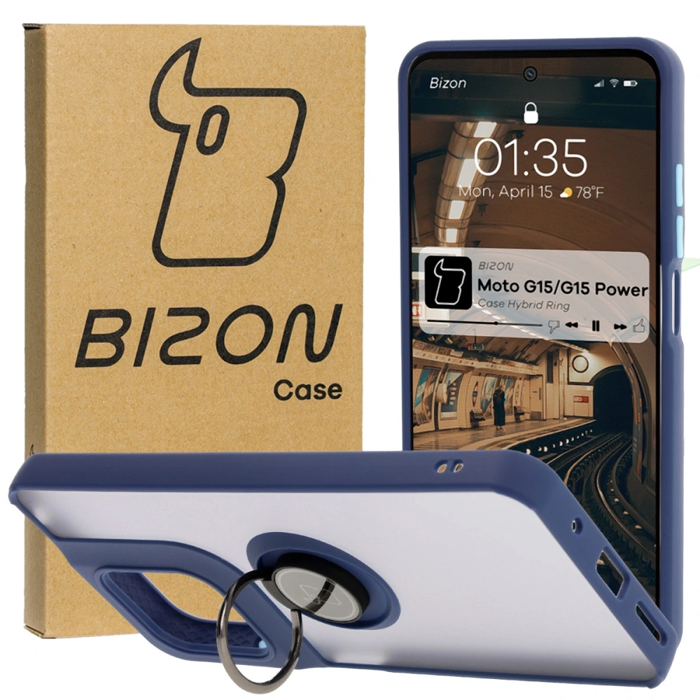 Etui z uchwytem na palec Bizon Case Hybrid Ring do Motorola Moto G15 / G15 Power przydymione z granatową ramką