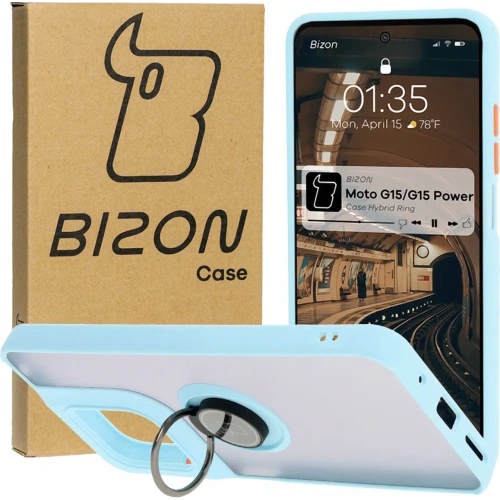 Kup Etui z uchwytem na palec Bizon Case Hybrid Ring do Motorola Moto G15 / G15 Power przydymione z jasnoniebieską ramką - BIZ8357 - {ean13} - Sklep Home Screen
