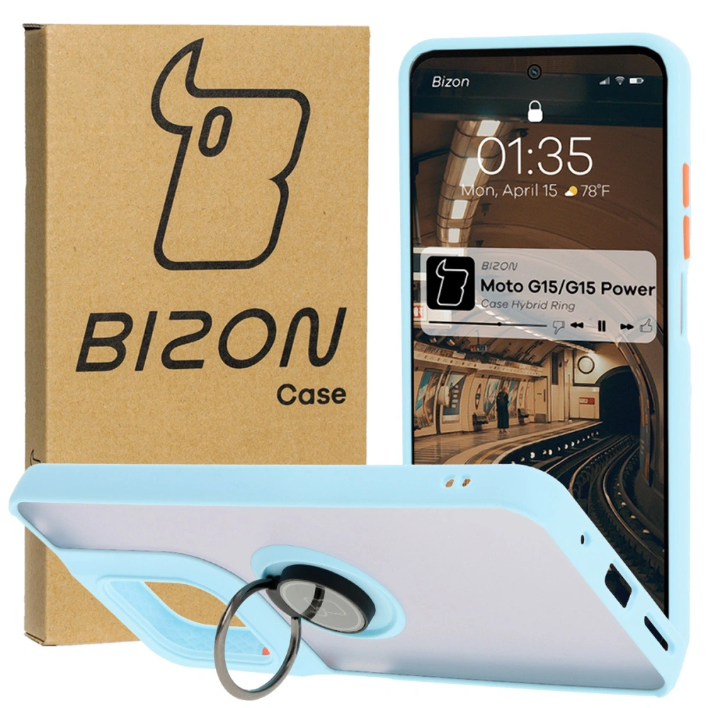 Etui z uchwytem na palec Bizon Case Hybrid Ring do Motorola Moto G15 / G15 Power przydymione z jasnoniebieską ramką