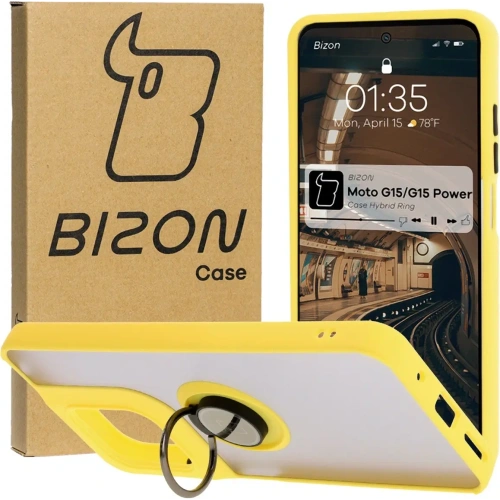 Kup Etui z uchwytem na palec Bizon Case Hybrid Ring do Motorola Moto G15 / G15 Power przydymione z żółtą ramką - BIZ8358 - {ean13} - Sklep Home Screen