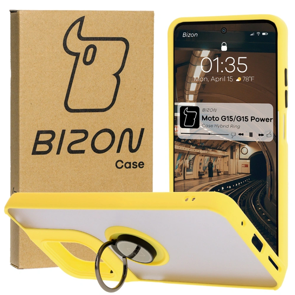 Etui z uchwytem na palec Bizon Case Hybrid Ring do Motorola Moto G15 / G15 Power przydymione z żółtą ramką