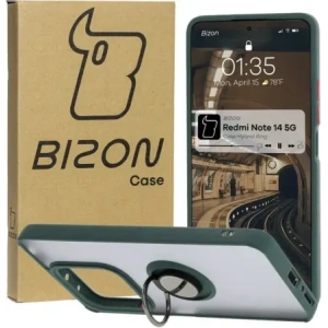 Kup Etui z uchwytem na palec Bizon Case Hybrid Ring do Xiaomi Redmi Note 14 5G przydymione z ciemnozieloną ramką - BIZ8369 - {ean13} - Sklep Home Screen