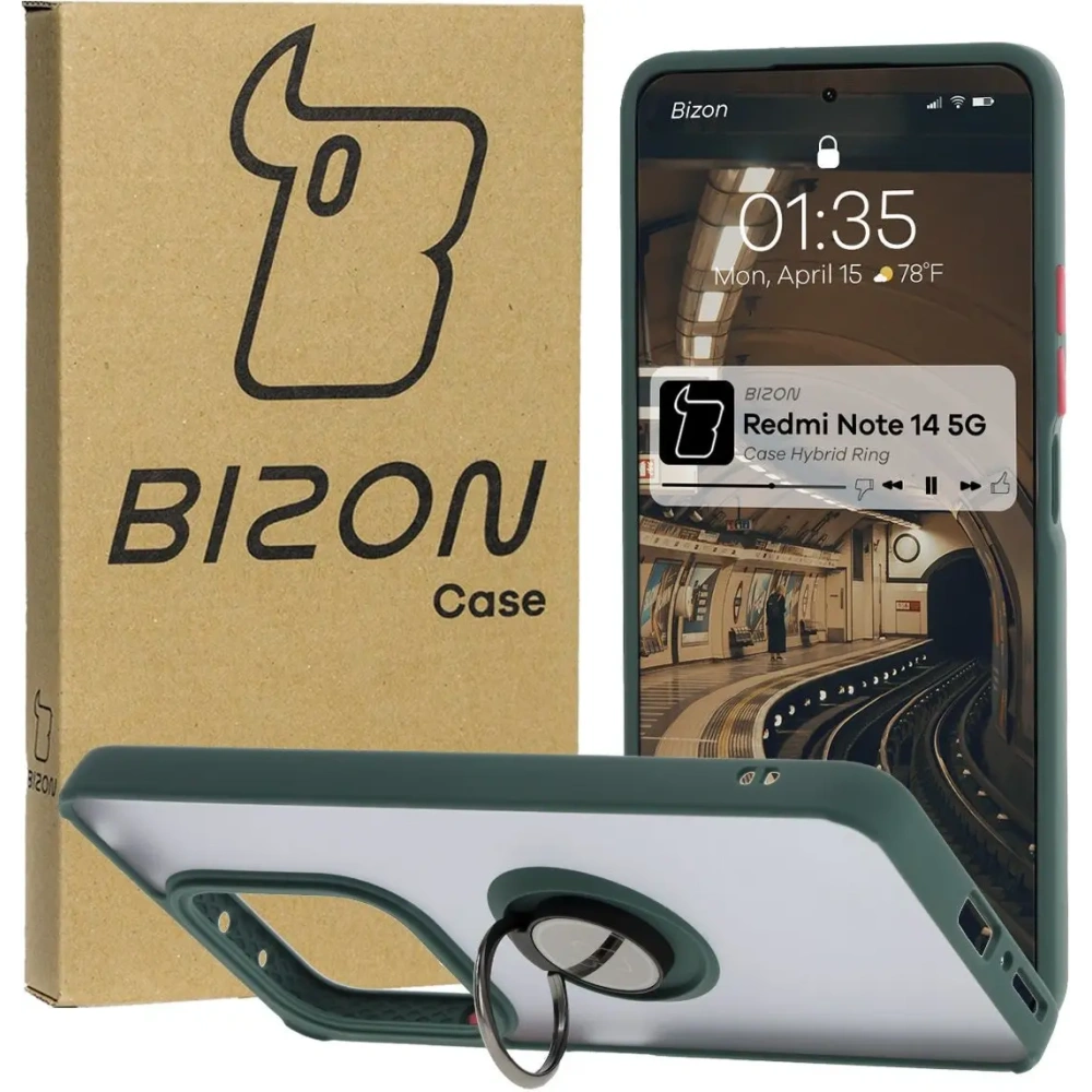 Etui z uchwytem na palec Bizon Case Hybrid Ring do Xiaomi Redmi Note 14 5G przydymione z ciemnozieloną ramką