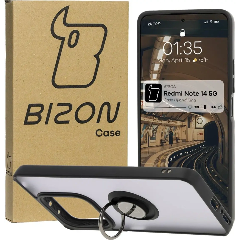 Etui z uchwytem na palec Bizon Case Hybrid Ring do Xiaomi Redmi Note 14 5G przydymione z czarną ramką