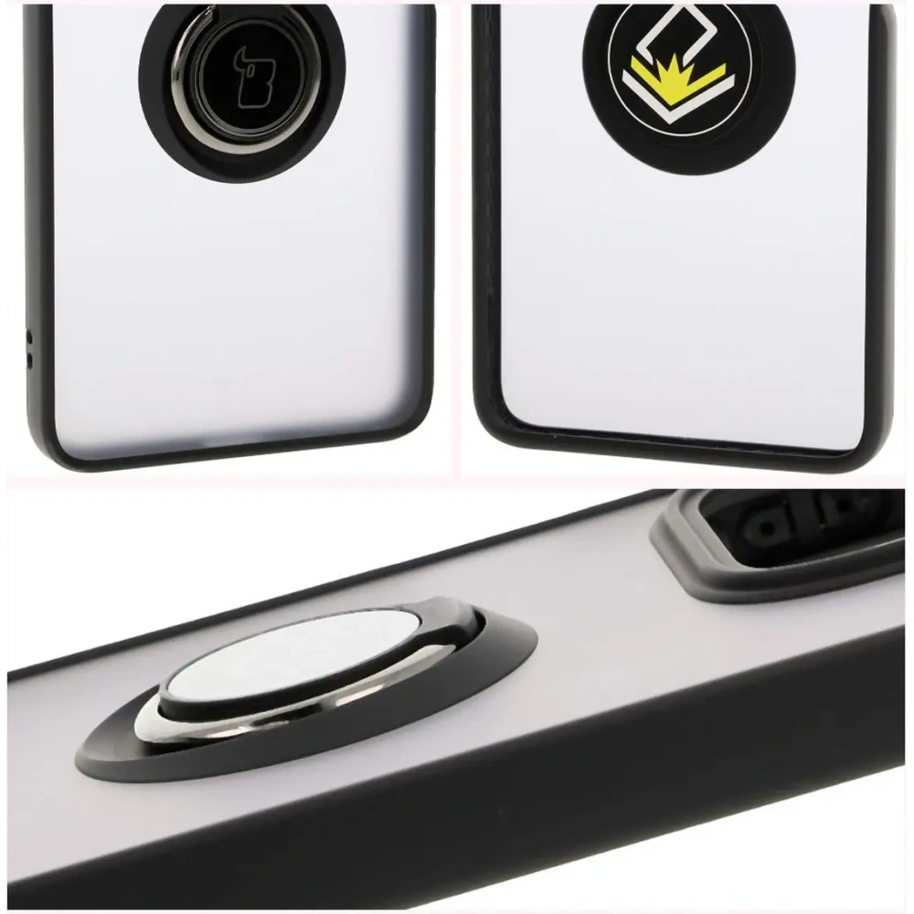 Etui z uchwytem na palec Bizon Case Hybrid Ring do Xiaomi Redmi Note 14 5G przydymione z czarną ramką