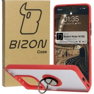 Kup Etui z uchwytem na palec Bizon Case Hybrid Ring do Xiaomi Redmi Note 14 5G przydymione z czerwoną ramką - BIZ8371 - {ean13} - Sklep Home Screen