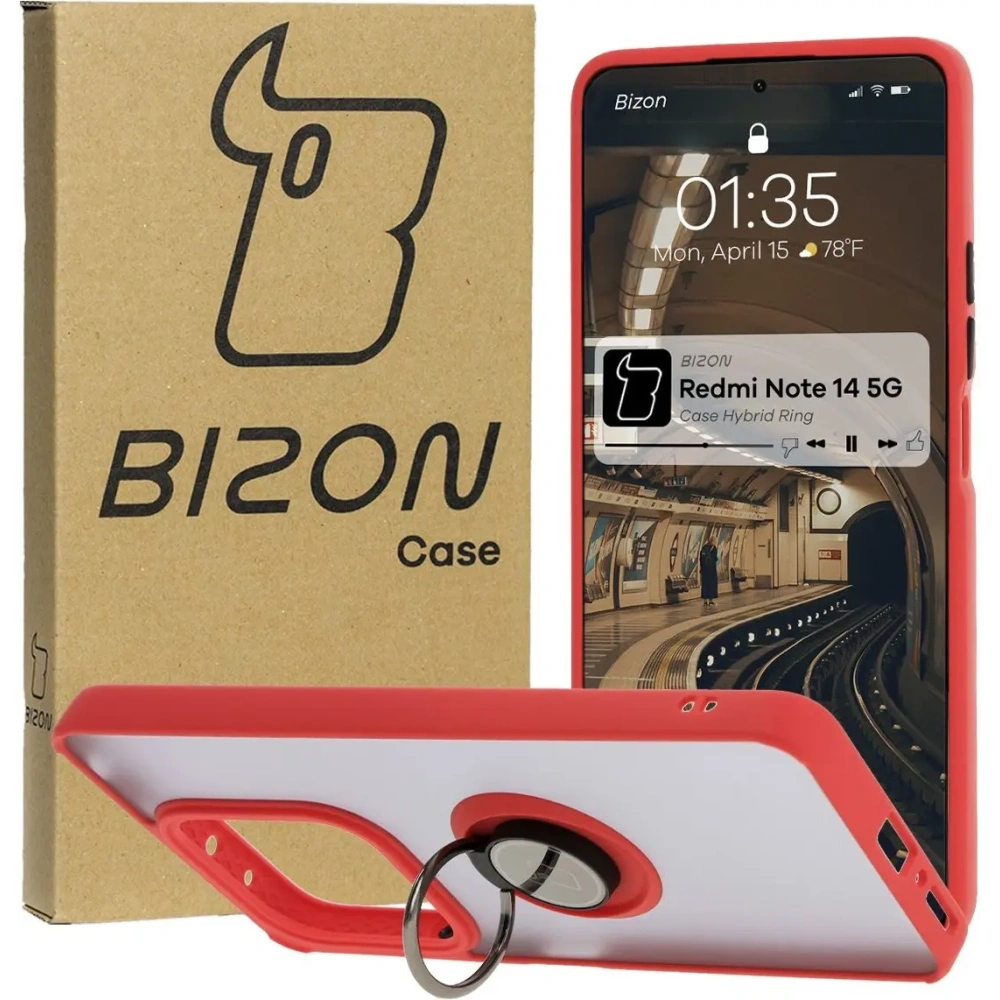 Etui z uchwytem na palec Bizon Case Hybrid Ring do Xiaomi Redmi Note 14 5G przydymione z czerwoną ramką