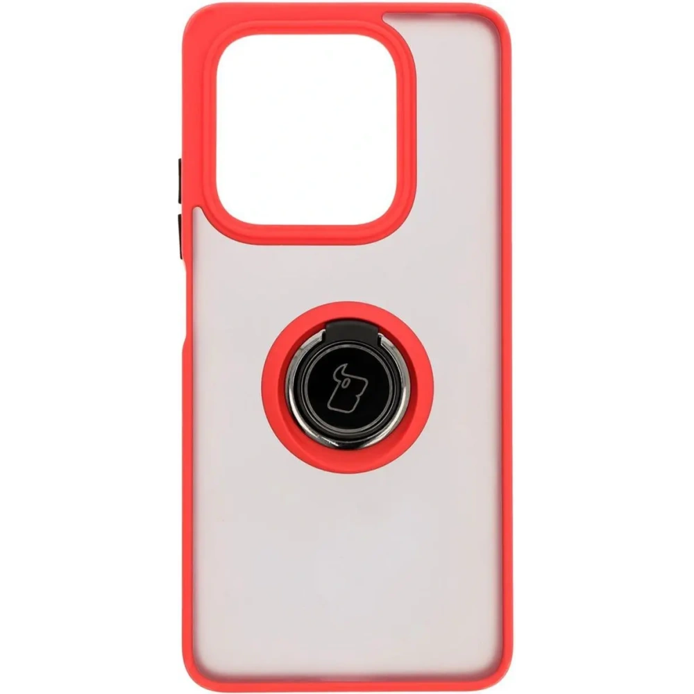 Etui z uchwytem na palec Bizon Case Hybrid Ring do Xiaomi Redmi Note 14 5G przydymione z czerwoną ramką