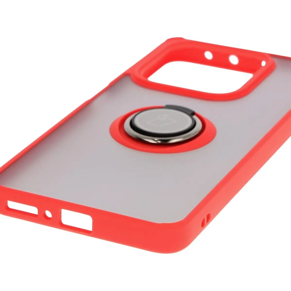 Etui z uchwytem na palec Bizon Case Hybrid Ring do Xiaomi Redmi Note 14 5G przydymione z czerwoną ramką