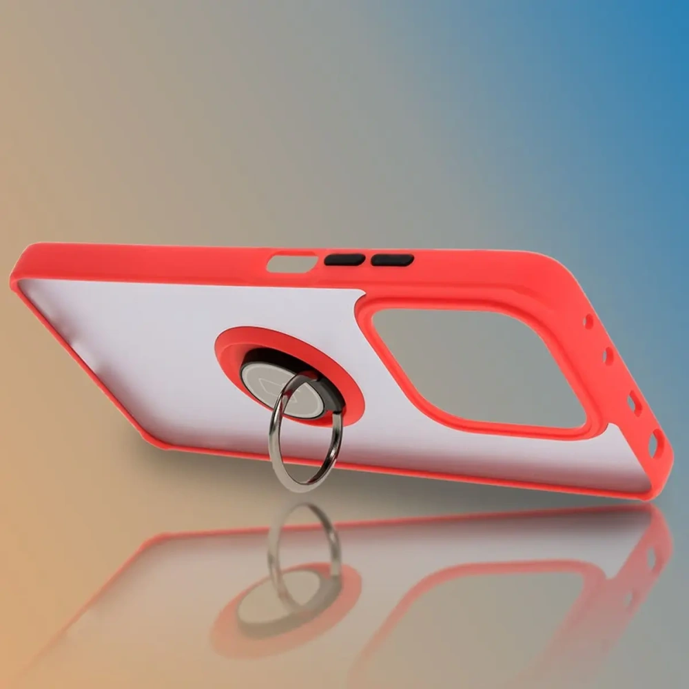 Etui z uchwytem na palec Bizon Case Hybrid Ring do Xiaomi Redmi Note 14 5G przydymione z czerwoną ramką