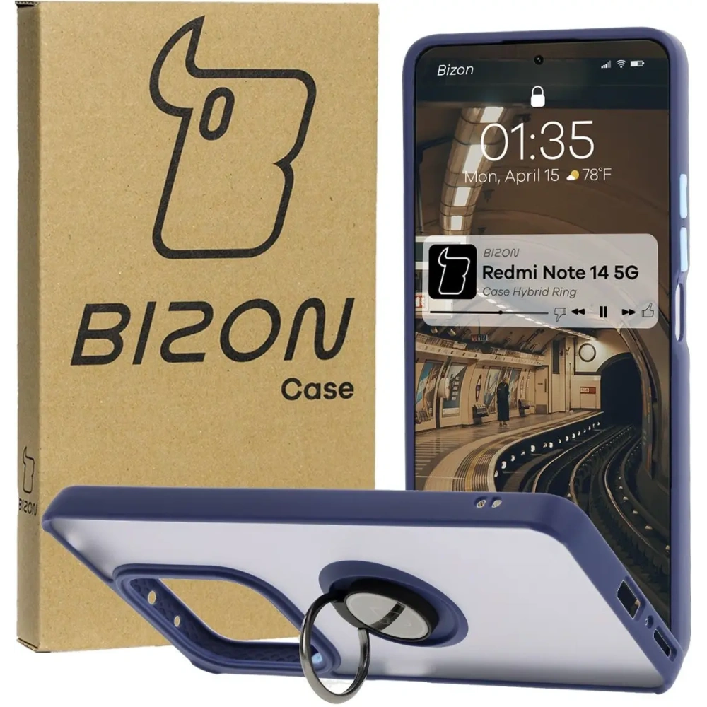 Etui z uchwytem na palec Bizon Case Hybrid Ring do Xiaomi Redmi Note 14 5G przydymione z granatową ramką