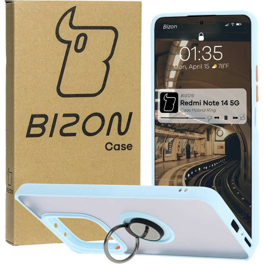 Etui z uchwytem na palec Bizon Case Hybrid Ring do Xiaomi Redmi Note 14 5G przydymione z jasnoniebieską ramką