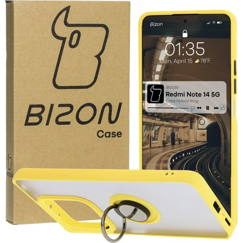 Kup Etui z uchwytem na palec Bizon Case Hybrid Ring do Xiaomi Redmi Note 14 5G przydymione z żółtą ramką - BIZ8374 - {ean13} - Sklep Home Screen