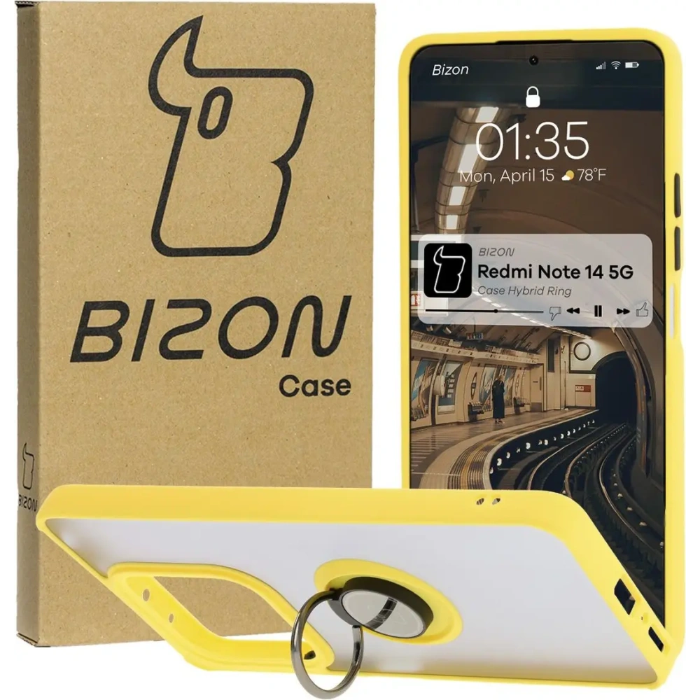 Etui z uchwytem na palec Bizon Case Hybrid Ring do Xiaomi Redmi Note 14 5G przydymione z żółtą ramką