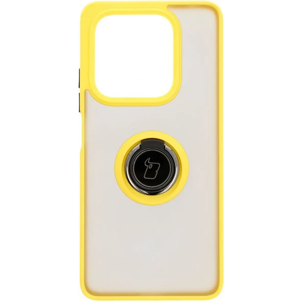 Etui z uchwytem na palec Bizon Case Hybrid Ring do Xiaomi Redmi Note 14 5G przydymione z żółtą ramką