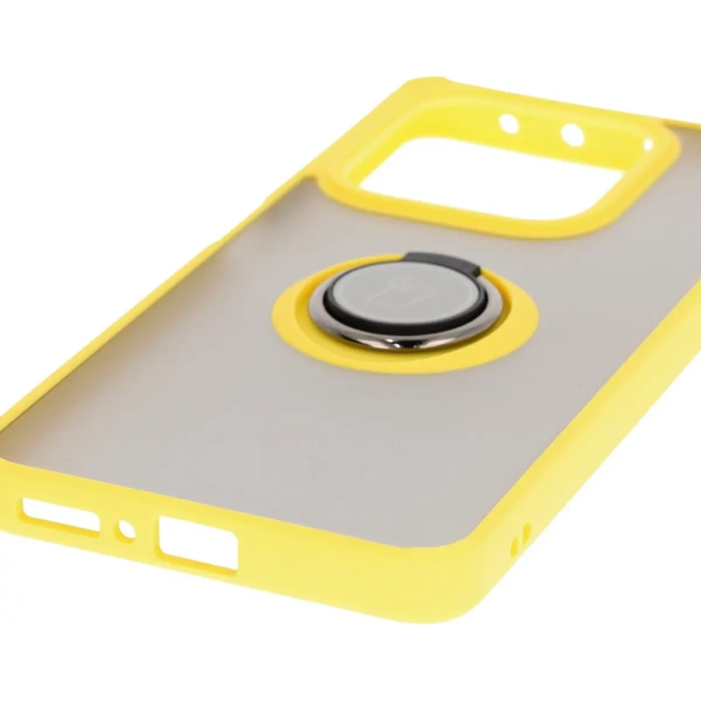 Etui z uchwytem na palec Bizon Case Hybrid Ring do Xiaomi Redmi Note 14 5G przydymione z żółtą ramką