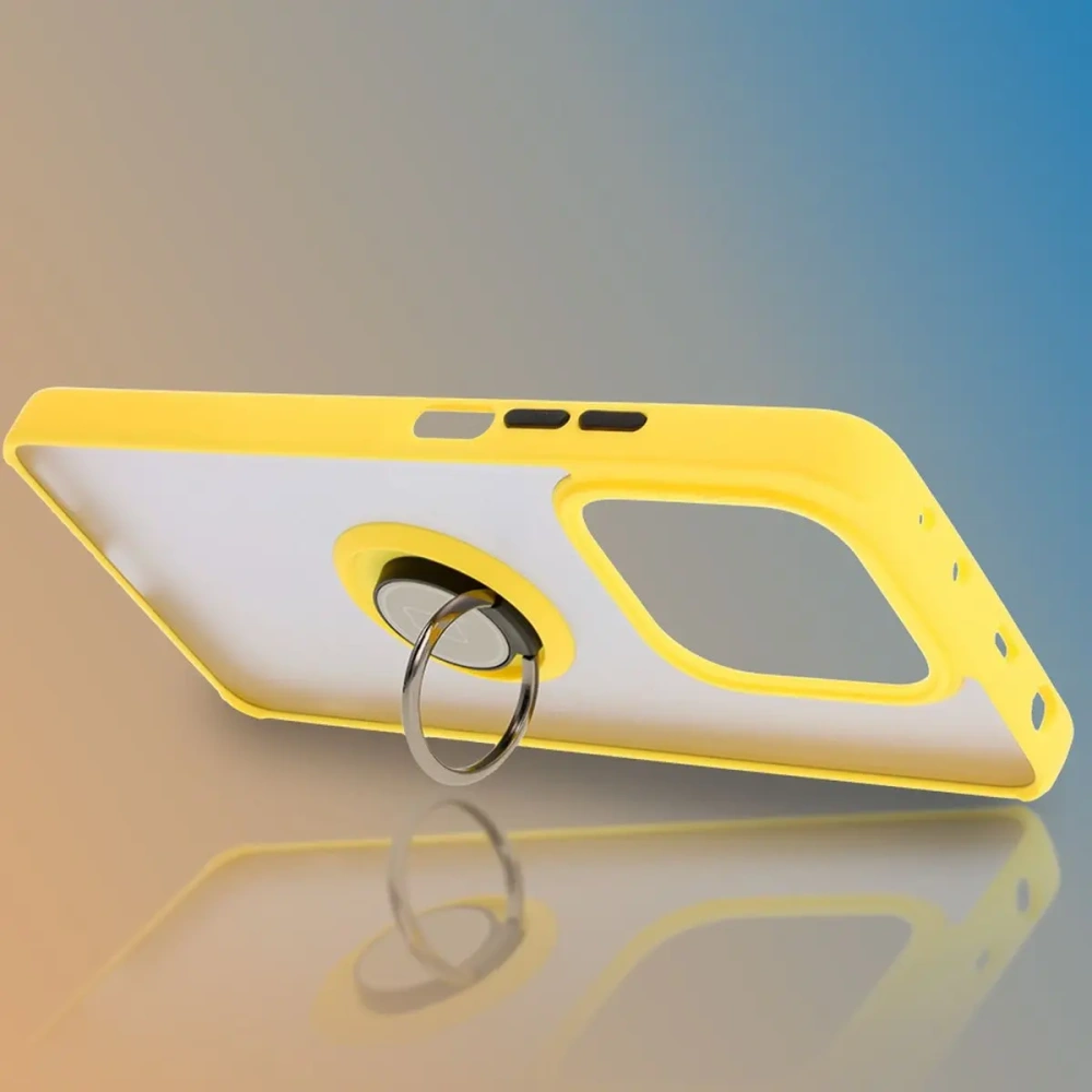 Etui z uchwytem na palec Bizon Case Hybrid Ring do Xiaomi Redmi Note 14 5G przydymione z żółtą ramką