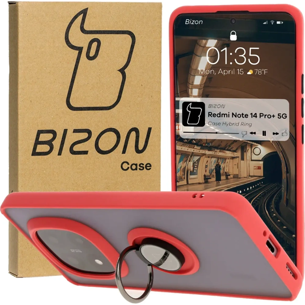Etui z uchwytem na palec Bizon Case Hybrid Ring do Xiaomi Redmi Note 14 Pro Plus 5G przydymione z czerwoną ramką