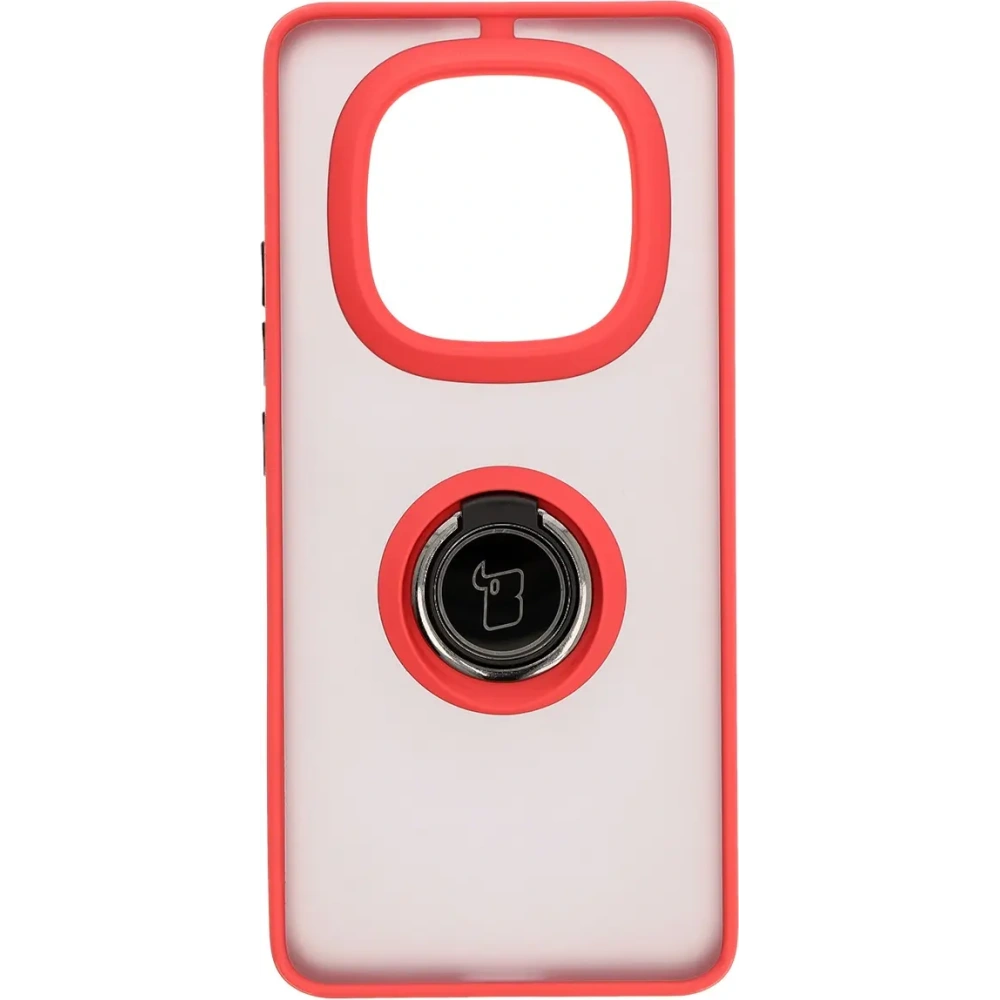 Etui z uchwytem na palec Bizon Case Hybrid Ring do Xiaomi Redmi Note 14 Pro Plus 5G przydymione z czerwoną ramką