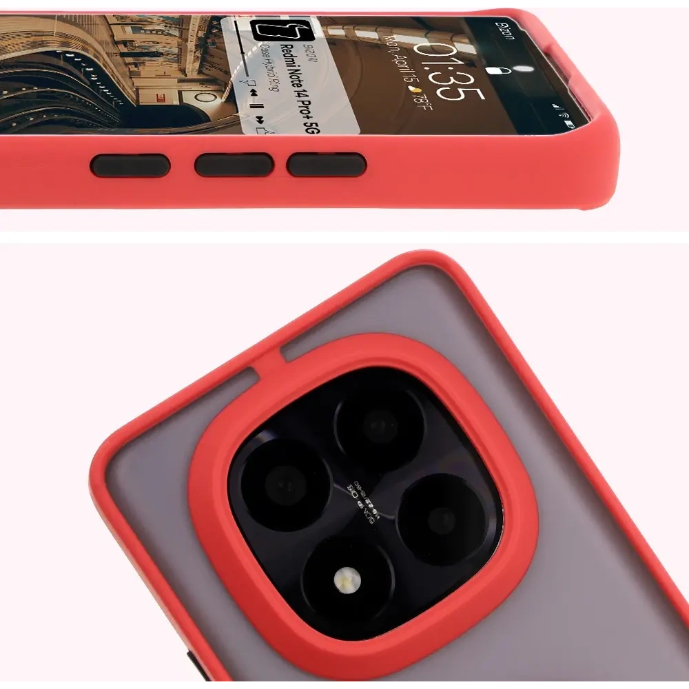 Etui z uchwytem na palec Bizon Case Hybrid Ring do Xiaomi Redmi Note 14 Pro Plus 5G przydymione z czerwoną ramką