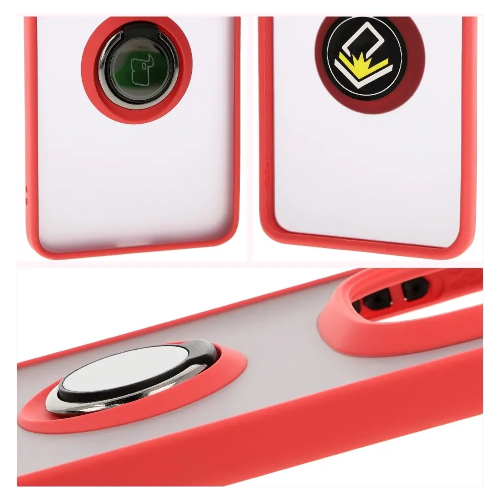 Etui z uchwytem na palec Bizon Case Hybrid Ring do Xiaomi Redmi Note 14 Pro Plus 5G przydymione z czerwoną ramką