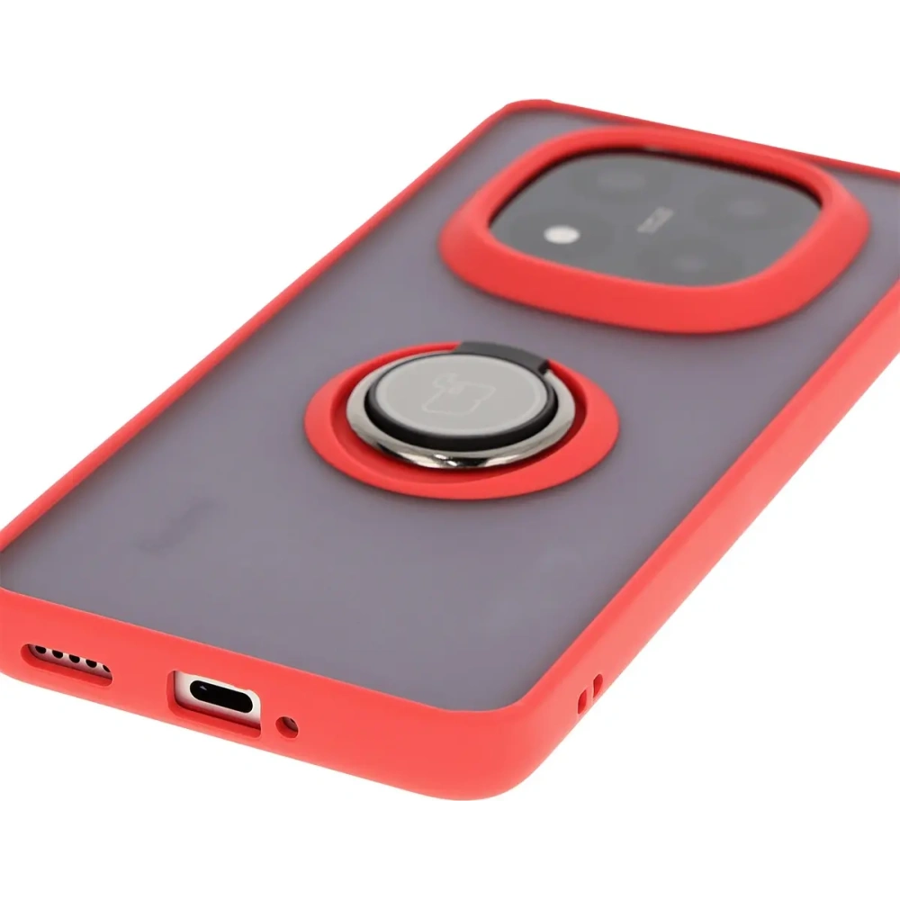 Etui z uchwytem na palec Bizon Case Hybrid Ring do Xiaomi Redmi Note 14 Pro Plus 5G przydymione z czerwoną ramką