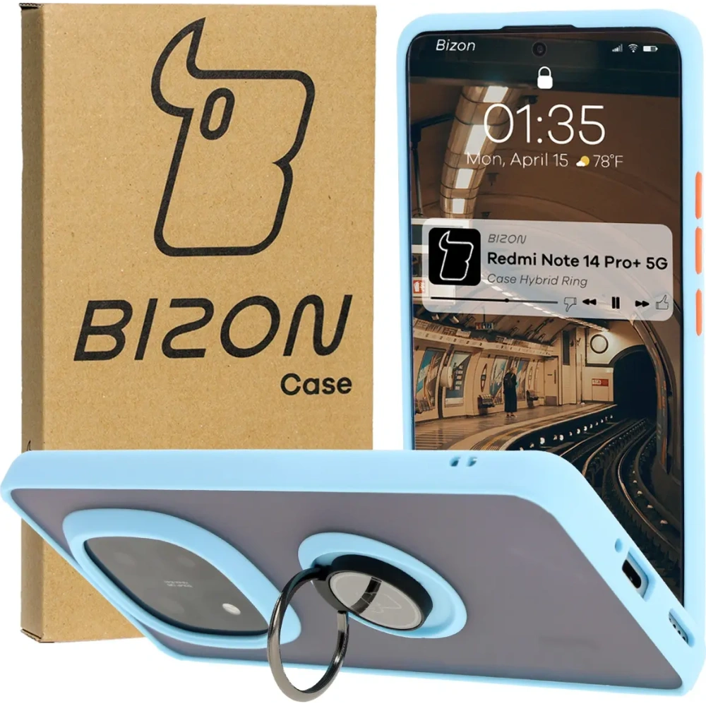 Etui z uchwytem na palec Bizon Case Hybrid Ring do Xiaomi Redmi Note 14 Pro Plus 5G przydymione z jasnoniebieską ramką
