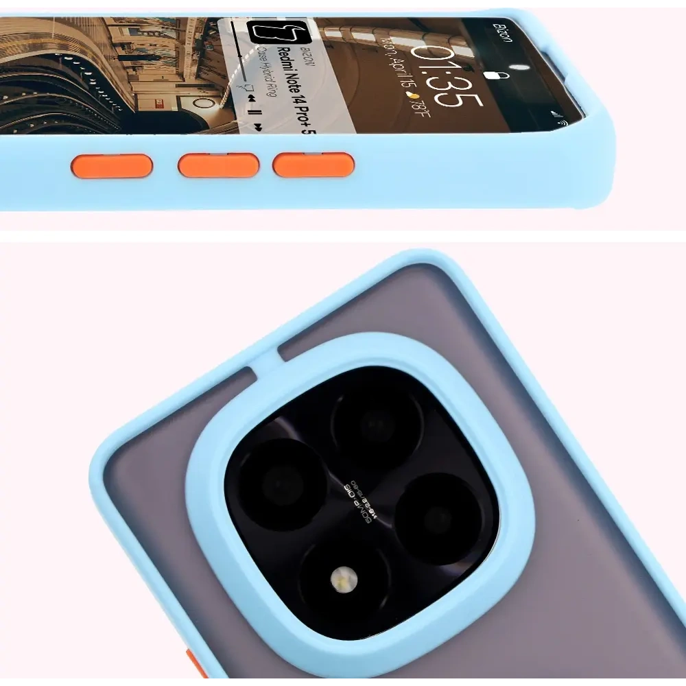 Etui z uchwytem na palec Bizon Case Hybrid Ring do Xiaomi Redmi Note 14 Pro Plus 5G przydymione z jasnoniebieską ramką