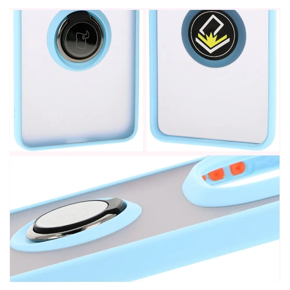 Etui z uchwytem na palec Bizon Case Hybrid Ring do Xiaomi Redmi Note 14 Pro Plus 5G przydymione z jasnoniebieską ramką