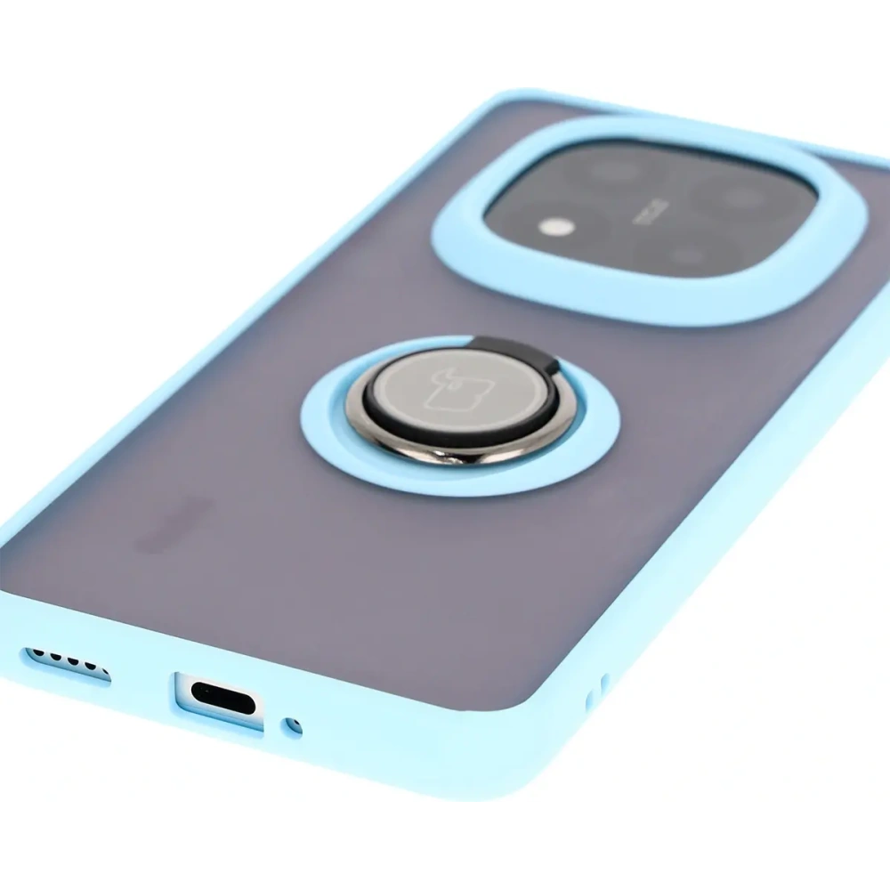 Etui z uchwytem na palec Bizon Case Hybrid Ring do Xiaomi Redmi Note 14 Pro Plus 5G przydymione z jasnoniebieską ramką