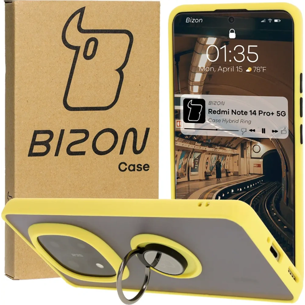 Etui z uchwytem na palec Bizon Case Hybrid Ring do Xiaomi Redmi Note 14 Pro Plus 5G przydymione z żółtą ramką