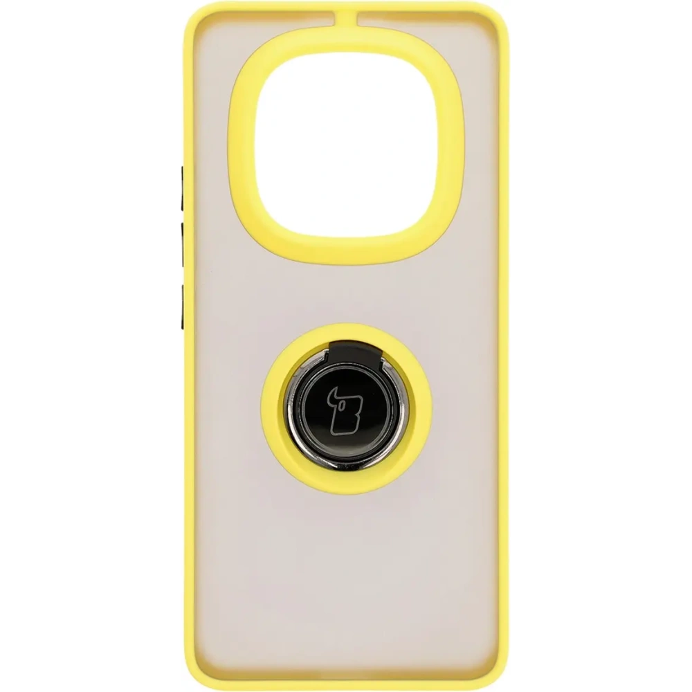 Etui z uchwytem na palec Bizon Case Hybrid Ring do Xiaomi Redmi Note 14 Pro Plus 5G przydymione z żółtą ramką