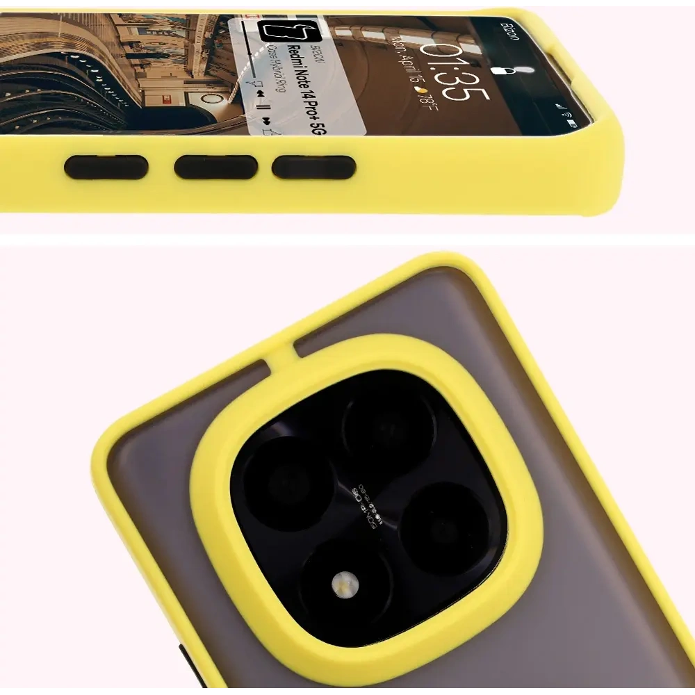 Etui z uchwytem na palec Bizon Case Hybrid Ring do Xiaomi Redmi Note 14 Pro Plus 5G przydymione z żółtą ramką