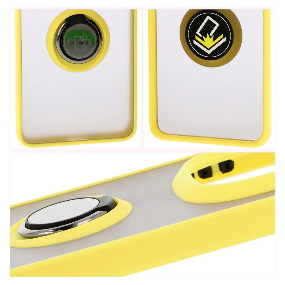 Etui z uchwytem na palec Bizon Case Hybrid Ring do Xiaomi Redmi Note 14 Pro Plus 5G przydymione z żółtą ramką